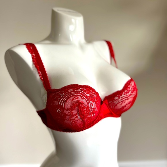 Vintage Lou from Paris, France, Satin & Lace Underwire Red Bra NWT - Picture 5 of 13